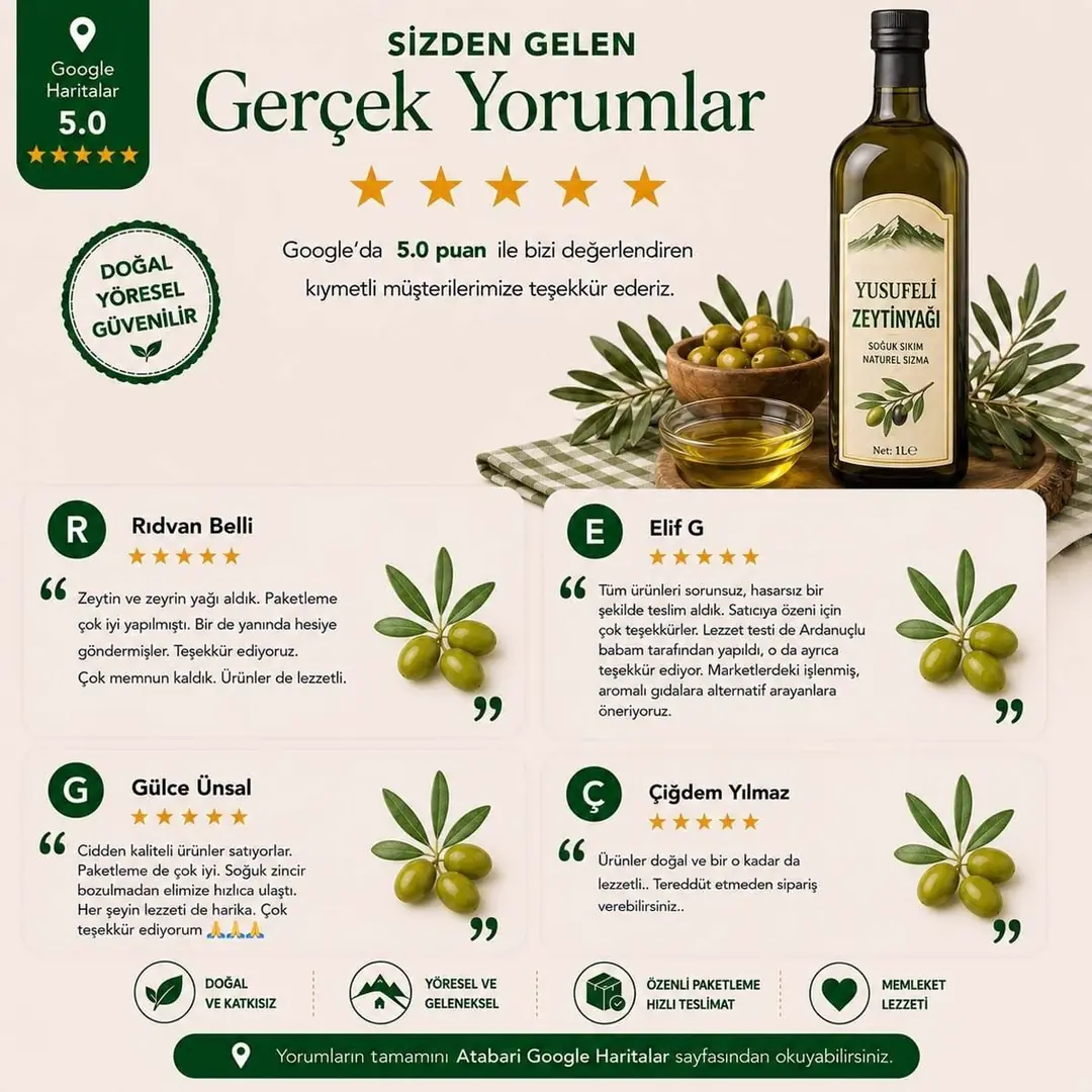 Yusufeli Zeytinyağı | Soğuk Sıkım, Saf ve Katkısız (1 Kg)