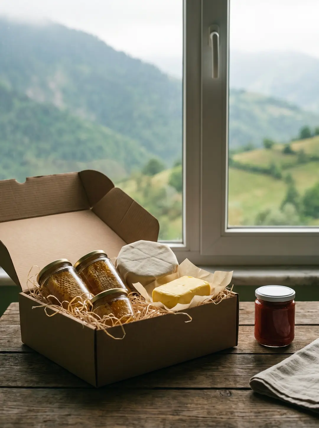 Artvin dağları önünde bal, peynir ve tereyağı dolu Atabarı kargo kolisi